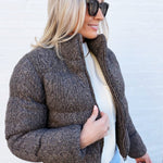 Woolen Cropped Puffer Jacket In Brown - Infinity Raine