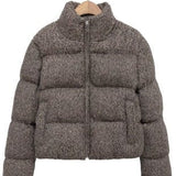 Woolen Cropped Puffer Jacket In Brown - Infinity Raine