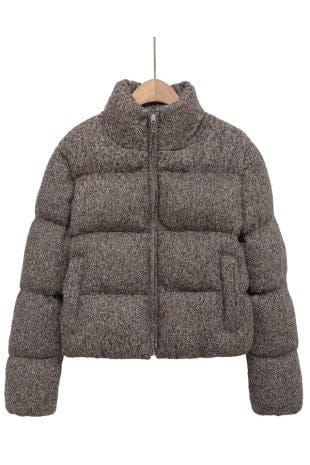 Woolen Cropped Puffer Jacket In Brown - Infinity Raine