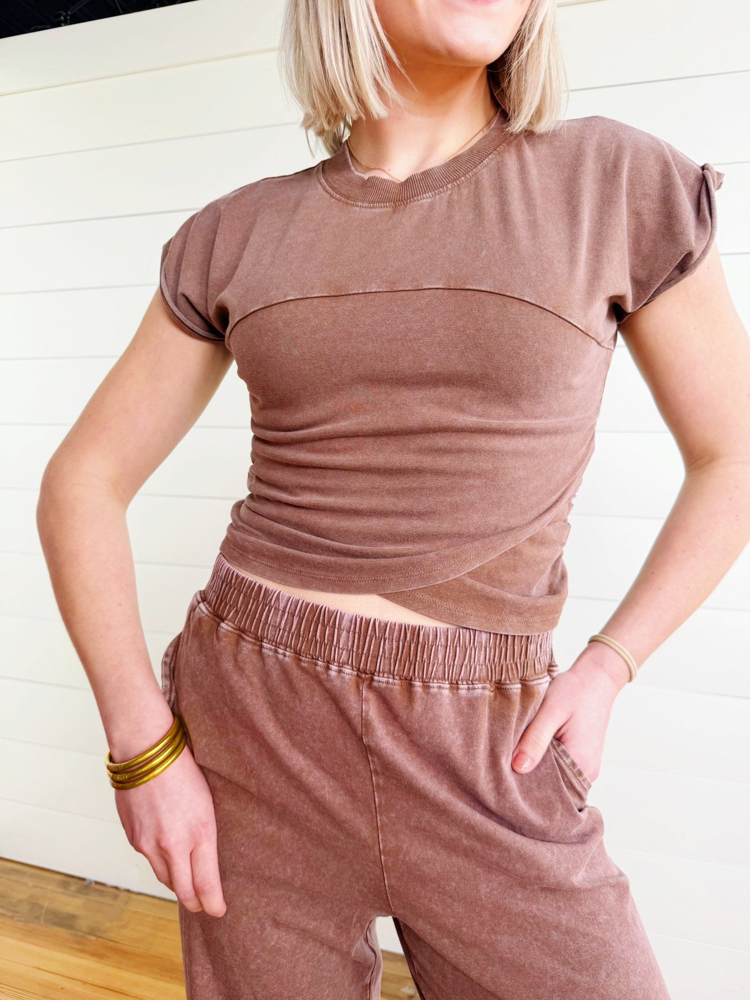 Wrap-front Crop Top And Jogger Set In Chocolate - Infinity Raine