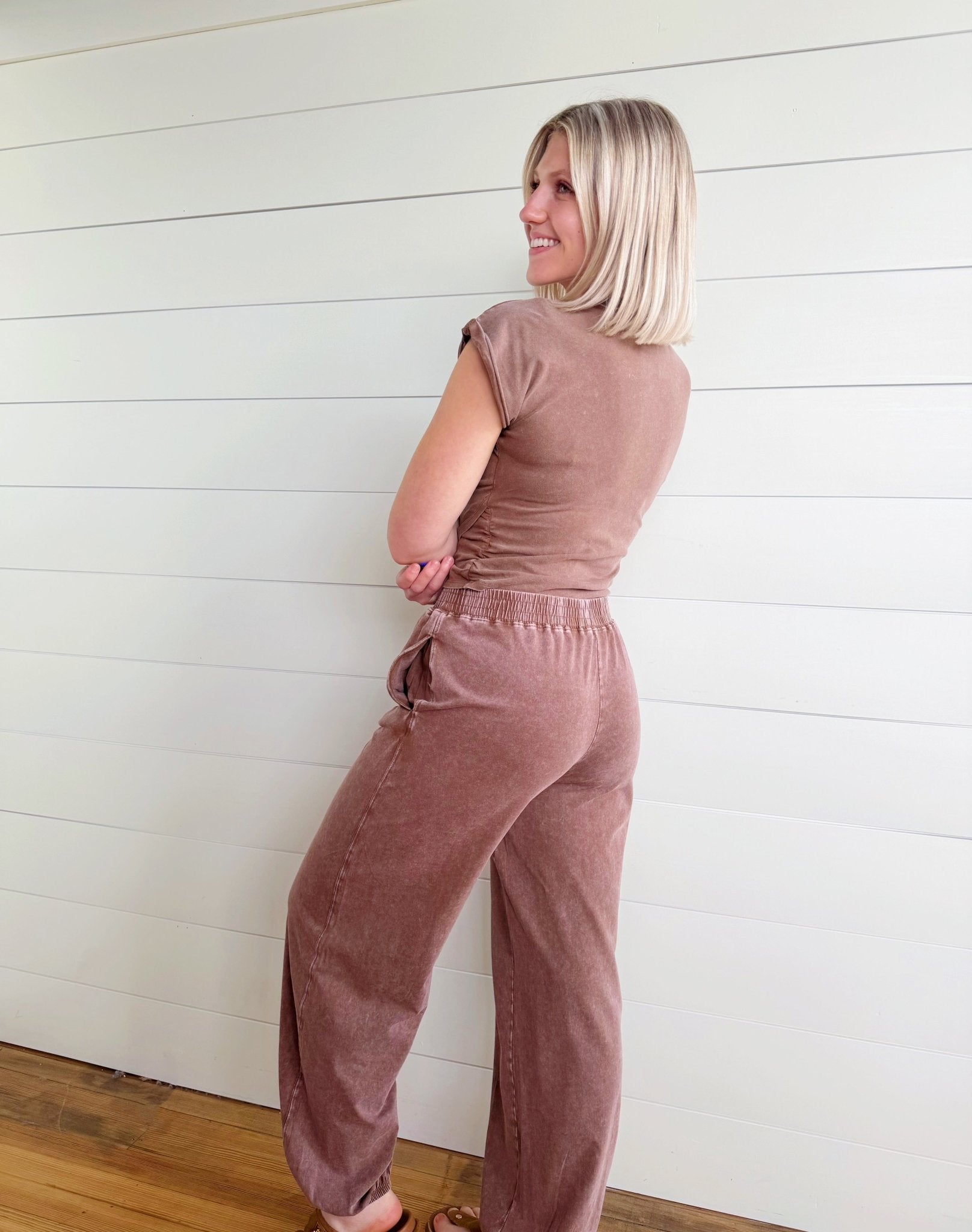 Wrap-front Crop Top And Jogger Set In Chocolate - Infinity Raine