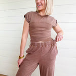 Wrap-front Crop Top And Jogger Set In Chocolate - Infinity Raine