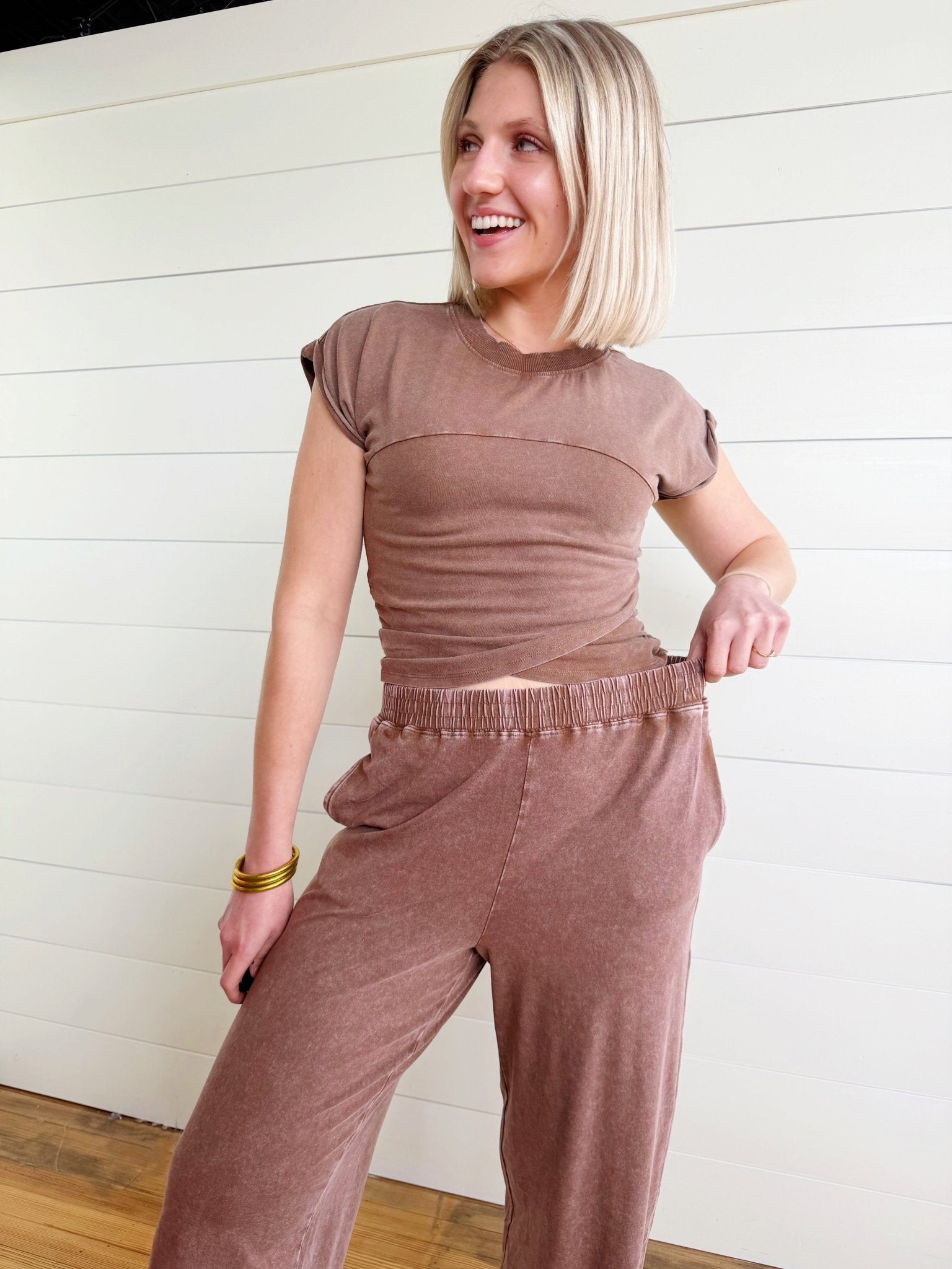 Wrap-front Crop Top And Jogger Set In Chocolate - Infinity Raine