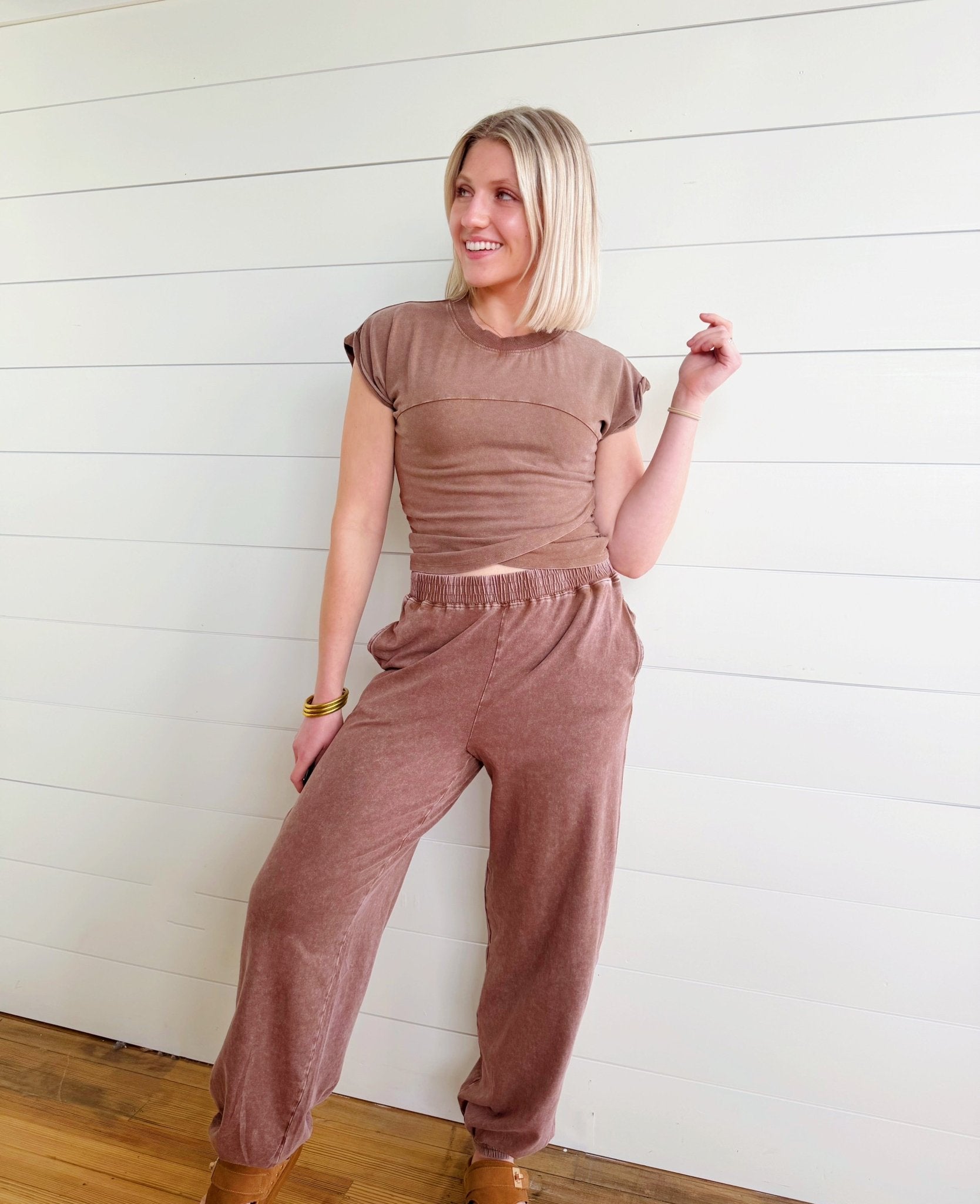 Wrap-front Crop Top And Jogger Set In Chocolate - Infinity Raine