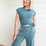 Wrap-front Crop Top And Jogger Set In Dark Teal - Infinity Raine