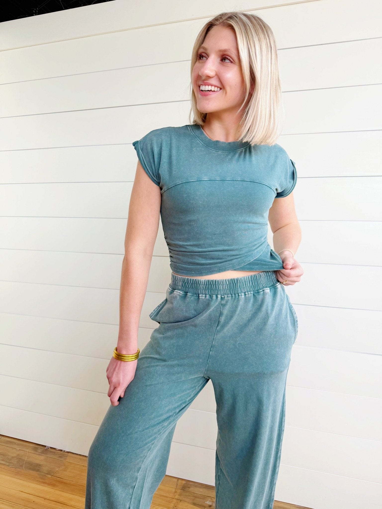 Wrap-front Crop Top And Jogger Set In Dark Teal - Infinity Raine