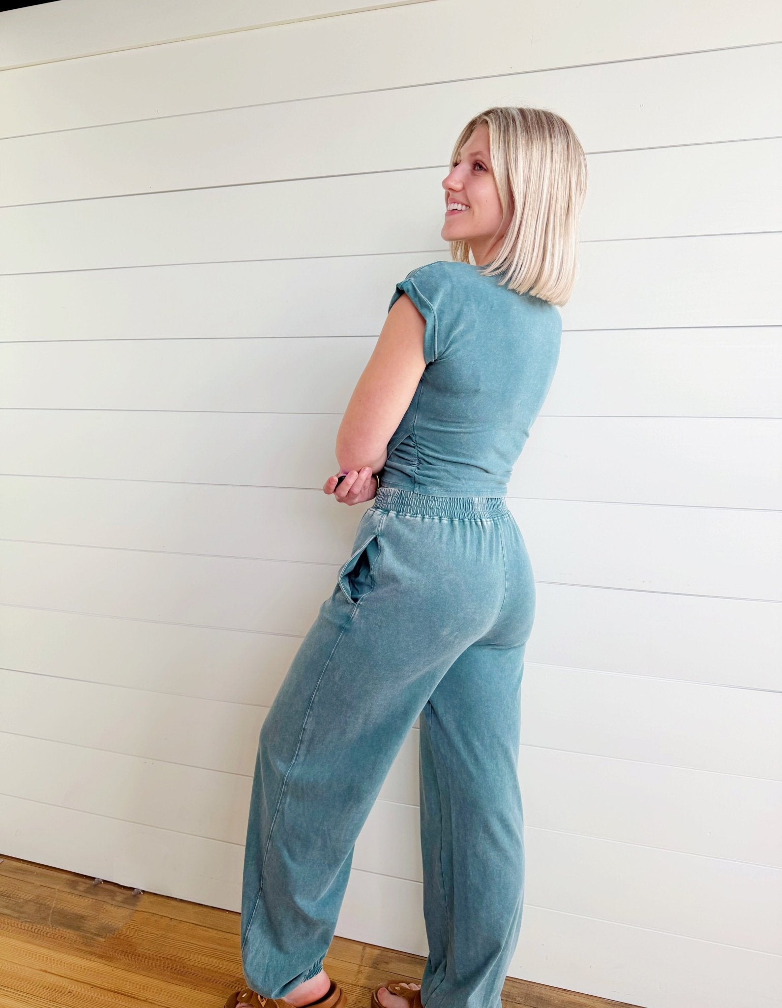 Wrap-front Crop Top And Jogger Set In Dark Teal - Infinity Raine