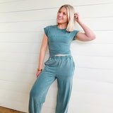 Wrap-front Crop Top And Jogger Set In Dark Teal - Infinity Raine