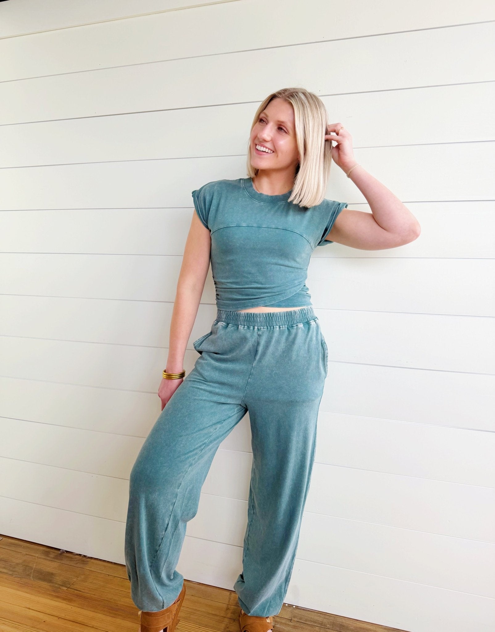 Wrap-front Crop Top And Jogger Set In Dark Teal - Infinity Raine