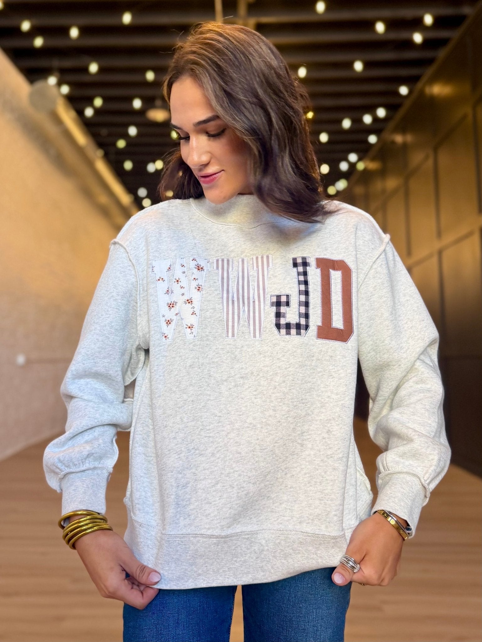 WWJD Embroidered Patchwork Sweatshirt - Infinity Raine