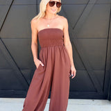 Yoru Chiffon Smocked Tube Balloon Jumpsuit In Brown - Infinity Raine