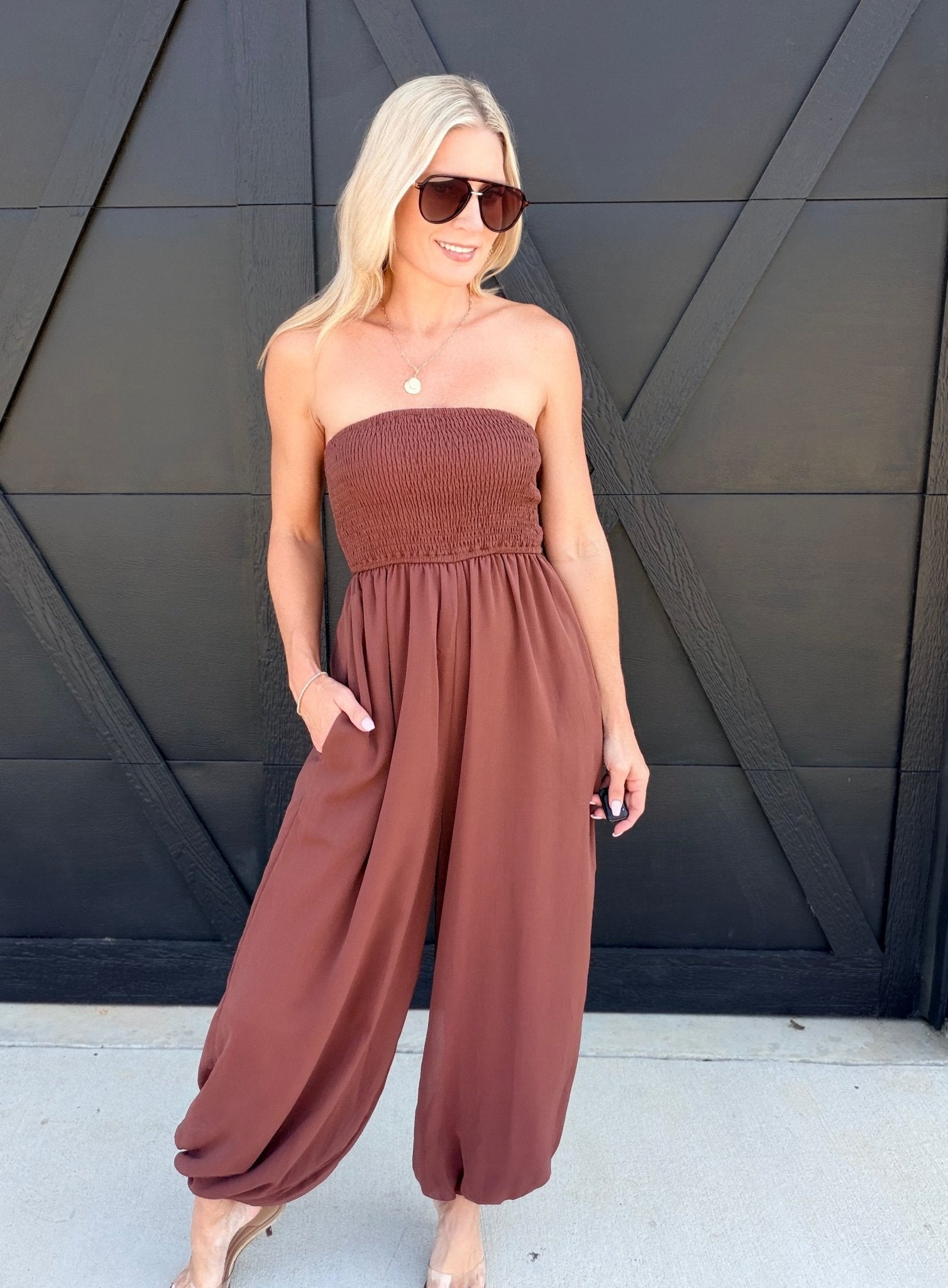 Yoru Chiffon Smocked Tube Balloon Jumpsuit In Brown - Infinity Raine