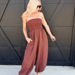 Yoru Chiffon Smocked Tube Balloon Jumpsuit In Brown - Infinity Raine