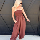 Yoru Chiffon Smocked Tube Balloon Jumpsuit In Brown - Infinity Raine