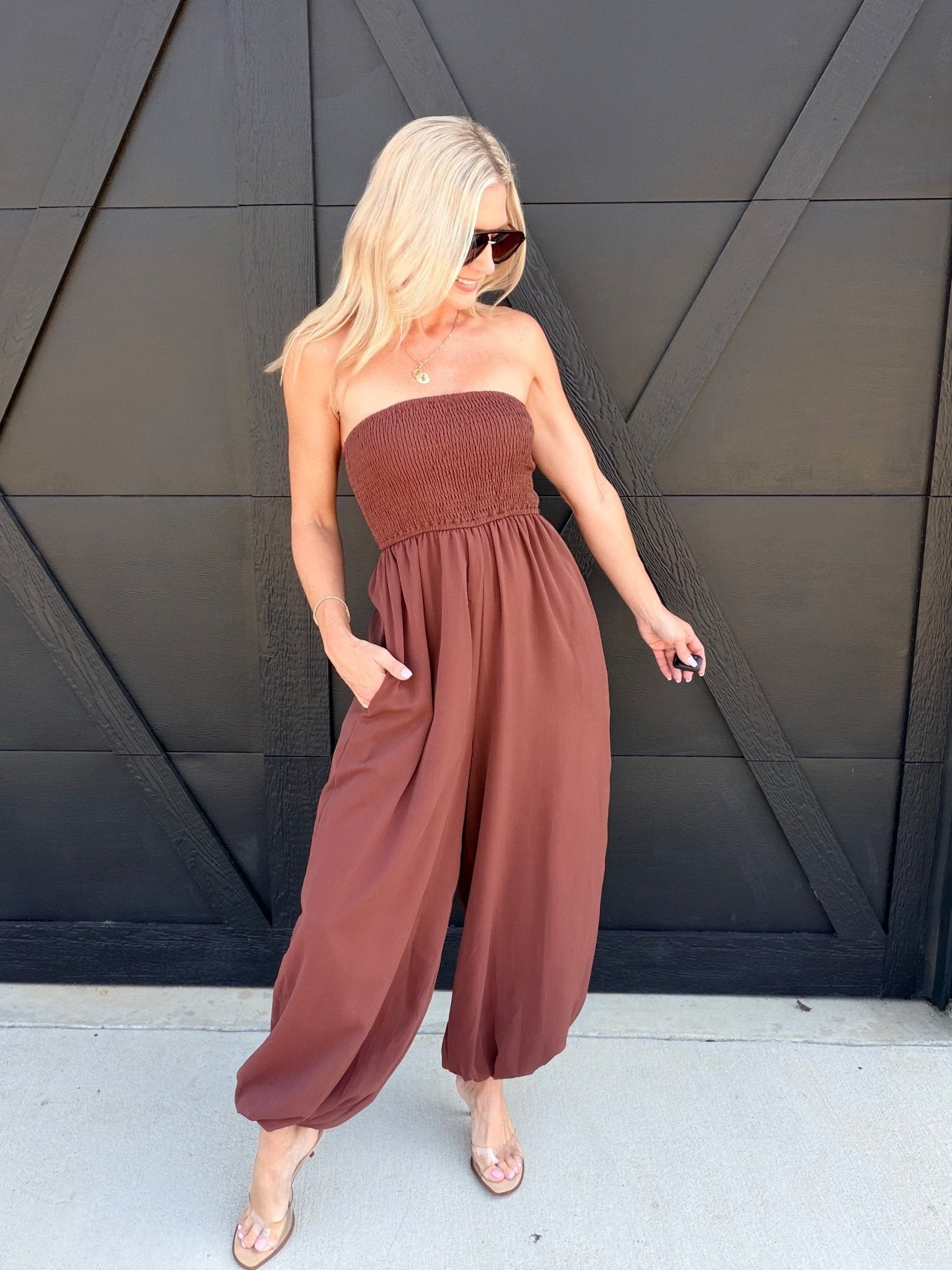 Yoru Chiffon Smocked Tube Balloon Jumpsuit In Brown - Infinity Raine