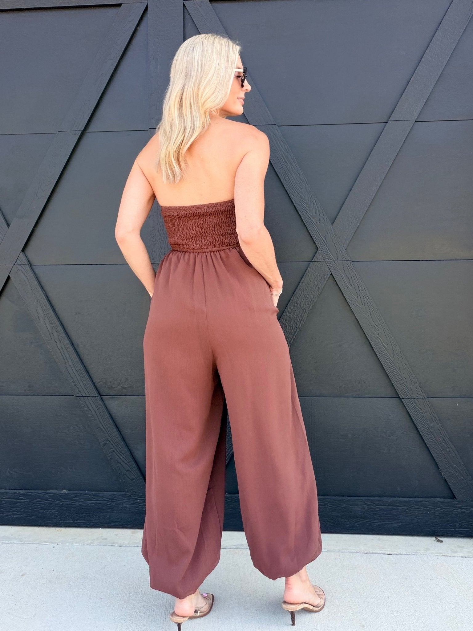 Yoru Chiffon Smocked Tube Balloon Jumpsuit In Brown - Infinity Raine