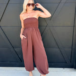 Yoru Chiffon Smocked Tube Balloon Jumpsuit In Brown - Infinity Raine