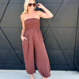 Yoru Chiffon Smocked Tube Balloon Jumpsuit In Brown - Infinity Raine