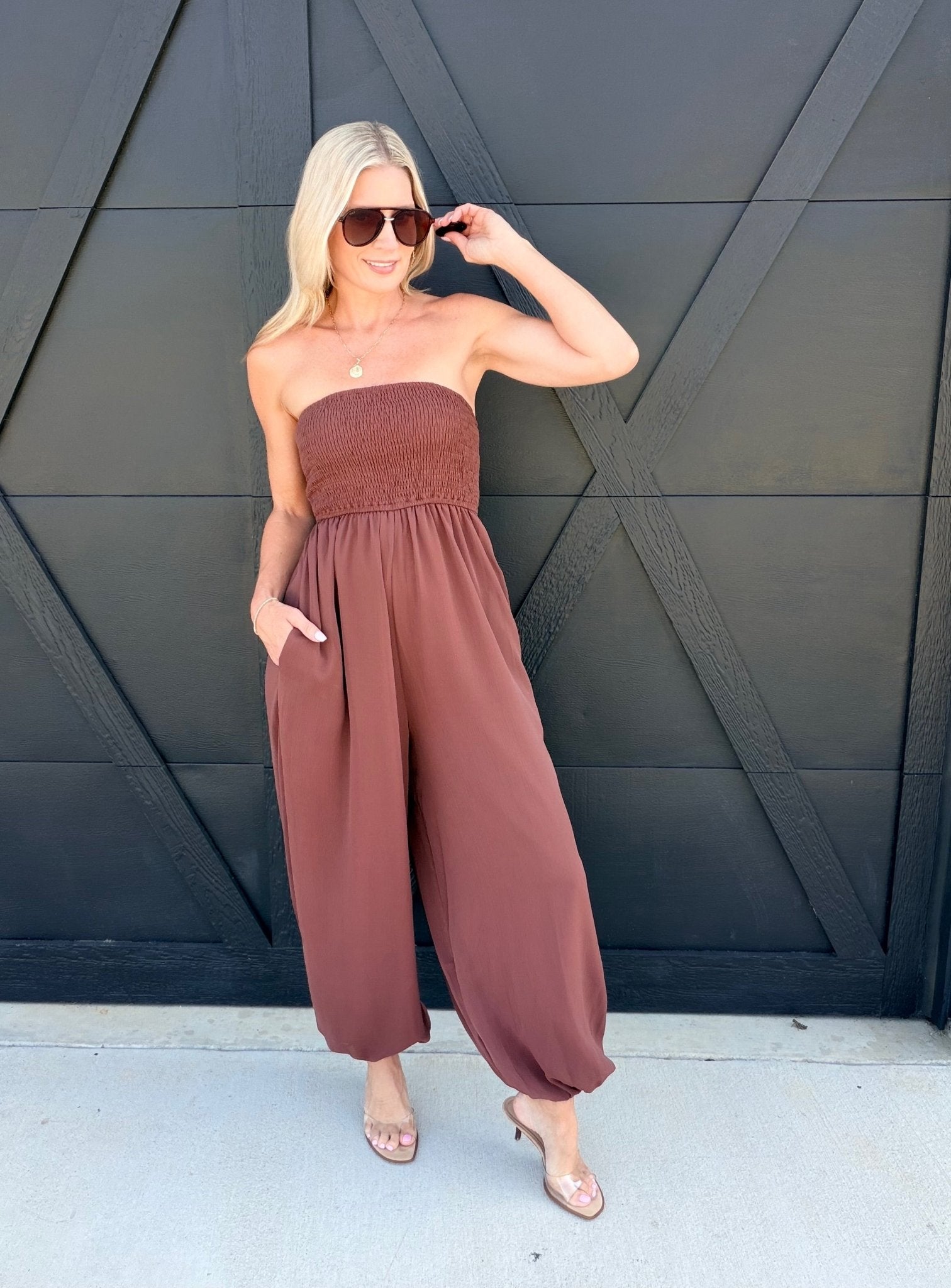 Yoru Chiffon Smocked Tube Balloon Jumpsuit In Brown - Infinity Raine