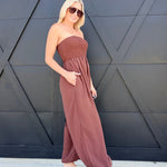 Yoru Chiffon Smocked Tube Balloon Jumpsuit In Brown - Infinity Raine
