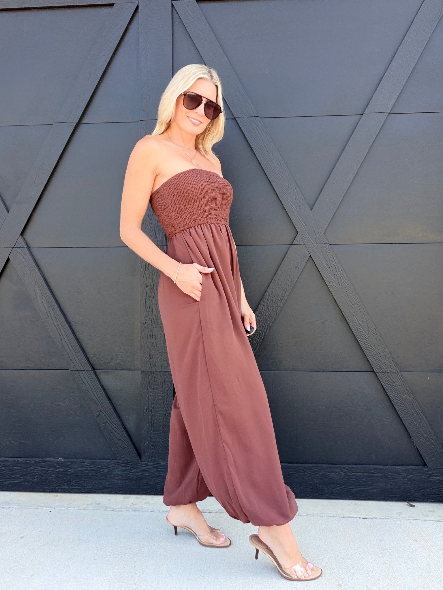 Yoru Chiffon Smocked Tube Balloon Jumpsuit In Brown - Infinity Raine