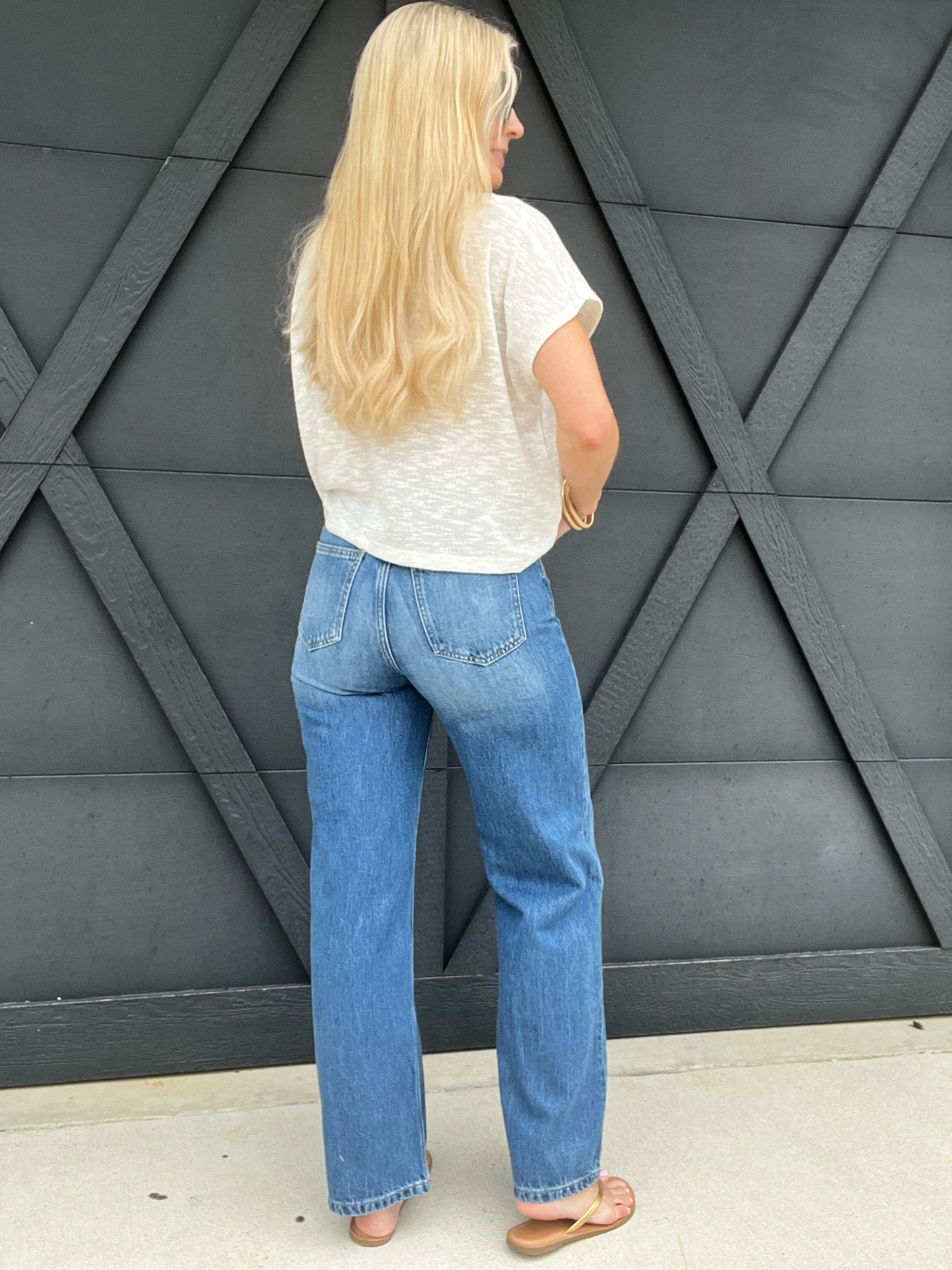 High Waist Wide Straight Leg Pants In Medium Denim - Infinity Raine