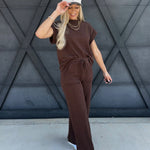 Slub Short Sleeve Pant Set In Brown - Infinity Raine