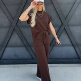 Slub Short Sleeve Pant Set In Brown - Infinity Raine