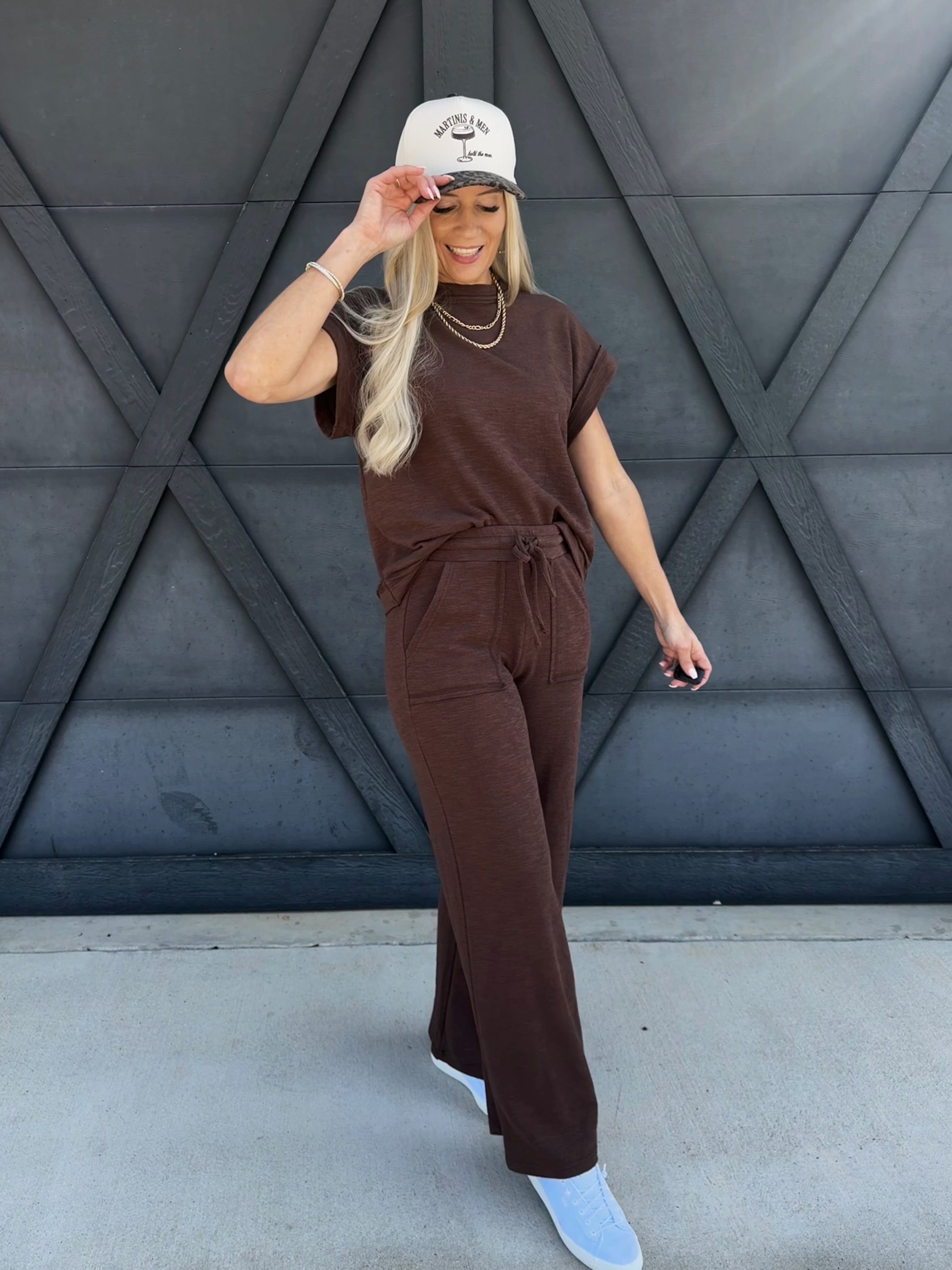 Slub Short Sleeve Pant Set In Brown - Infinity Raine