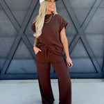Slub Short Sleeve Pant Set In Brown - Infinity Raine