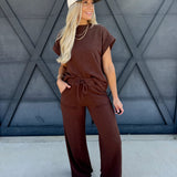 Slub Short Sleeve Pant Set In Brown - Infinity Raine