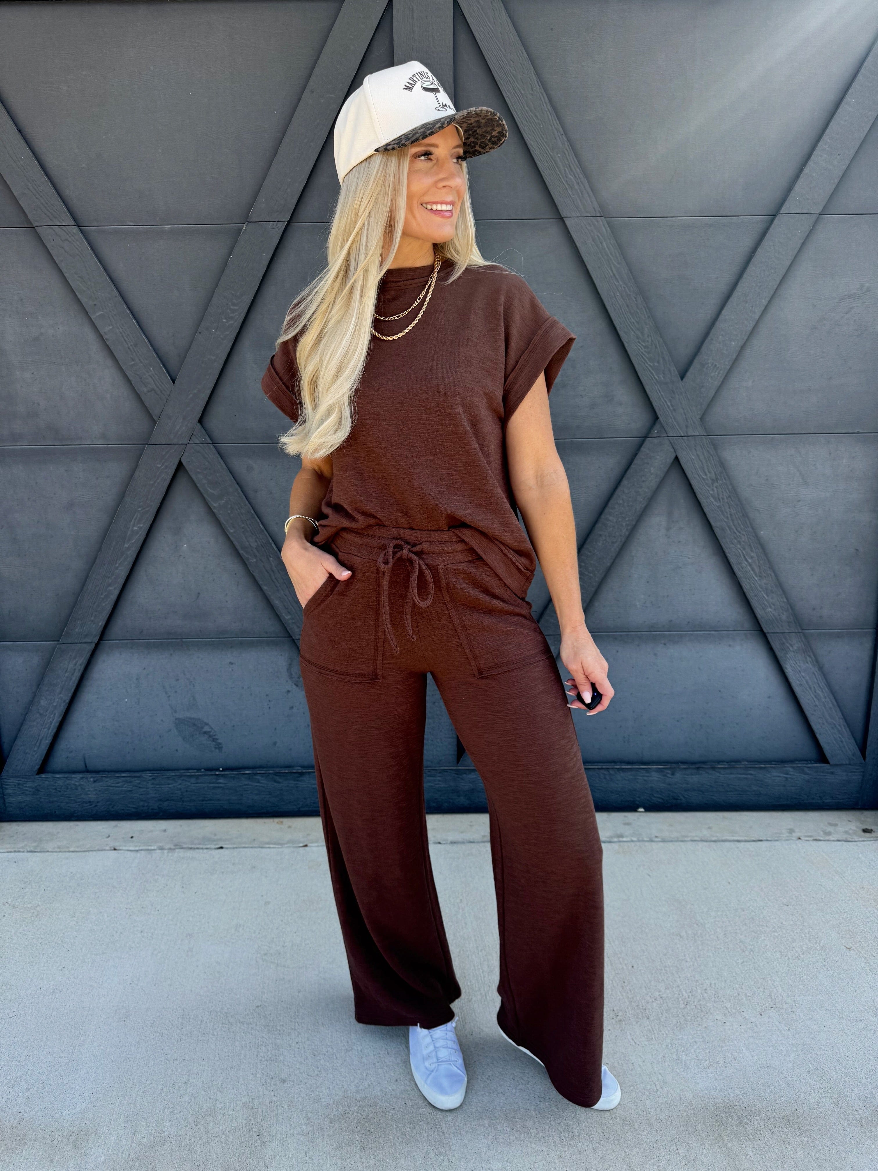 Slub Short Sleeve Pant Set In Brown - Infinity Raine