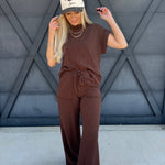 Slub Short Sleeve Pant Set In Brown - Infinity Raine