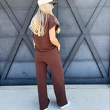 Slub Short Sleeve Pant Set In Brown - Infinity Raine