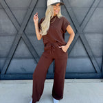 Slub Short Sleeve Pant Set In Brown - Infinity Raine