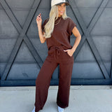 Slub Short Sleeve Pant Set In Brown - Infinity Raine