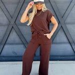 Slub Short Sleeve Pant Set In Brown - Infinity Raine