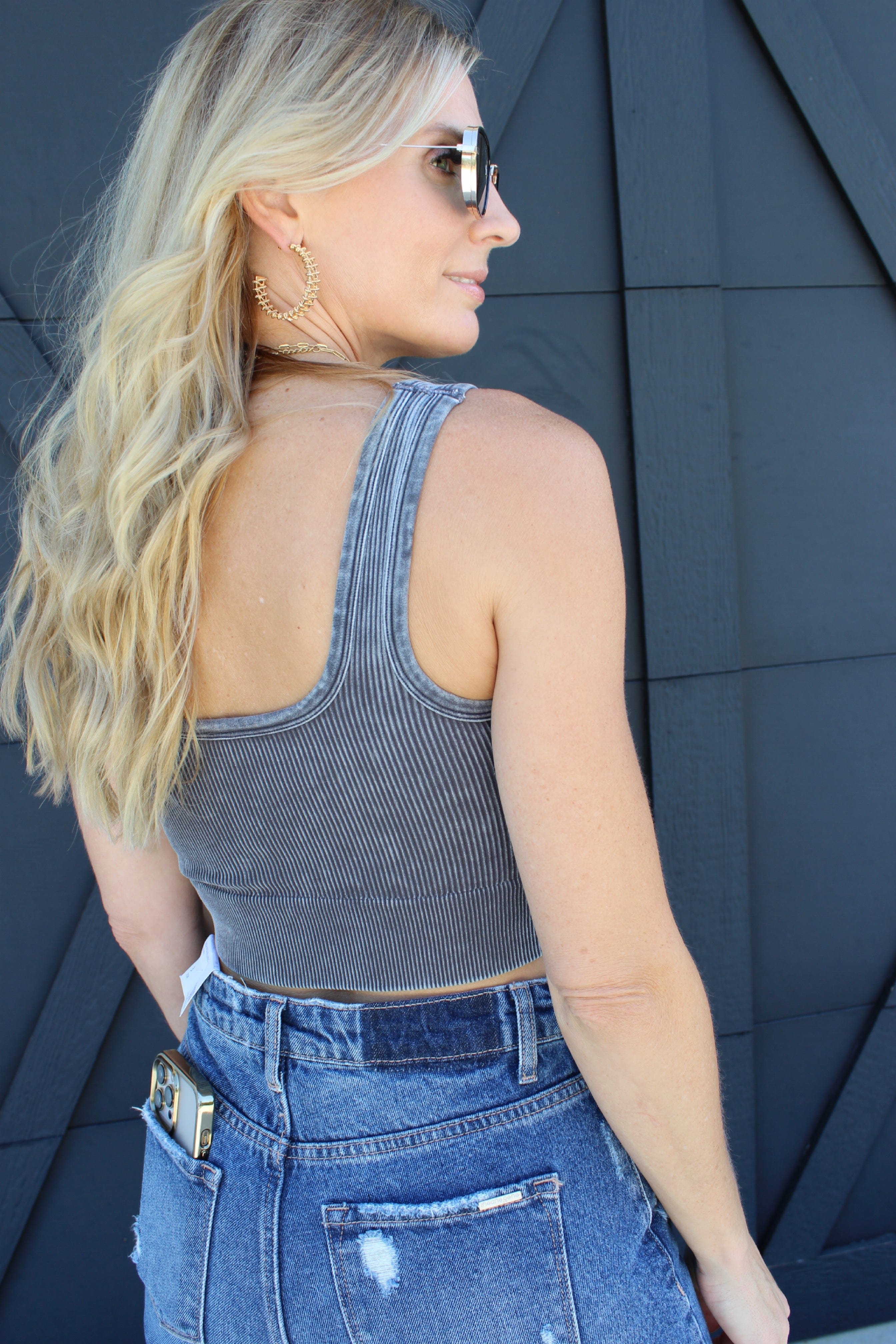 Acid Washed Ribbed Square Neck Crop-Ash Grey - Infinity Raine