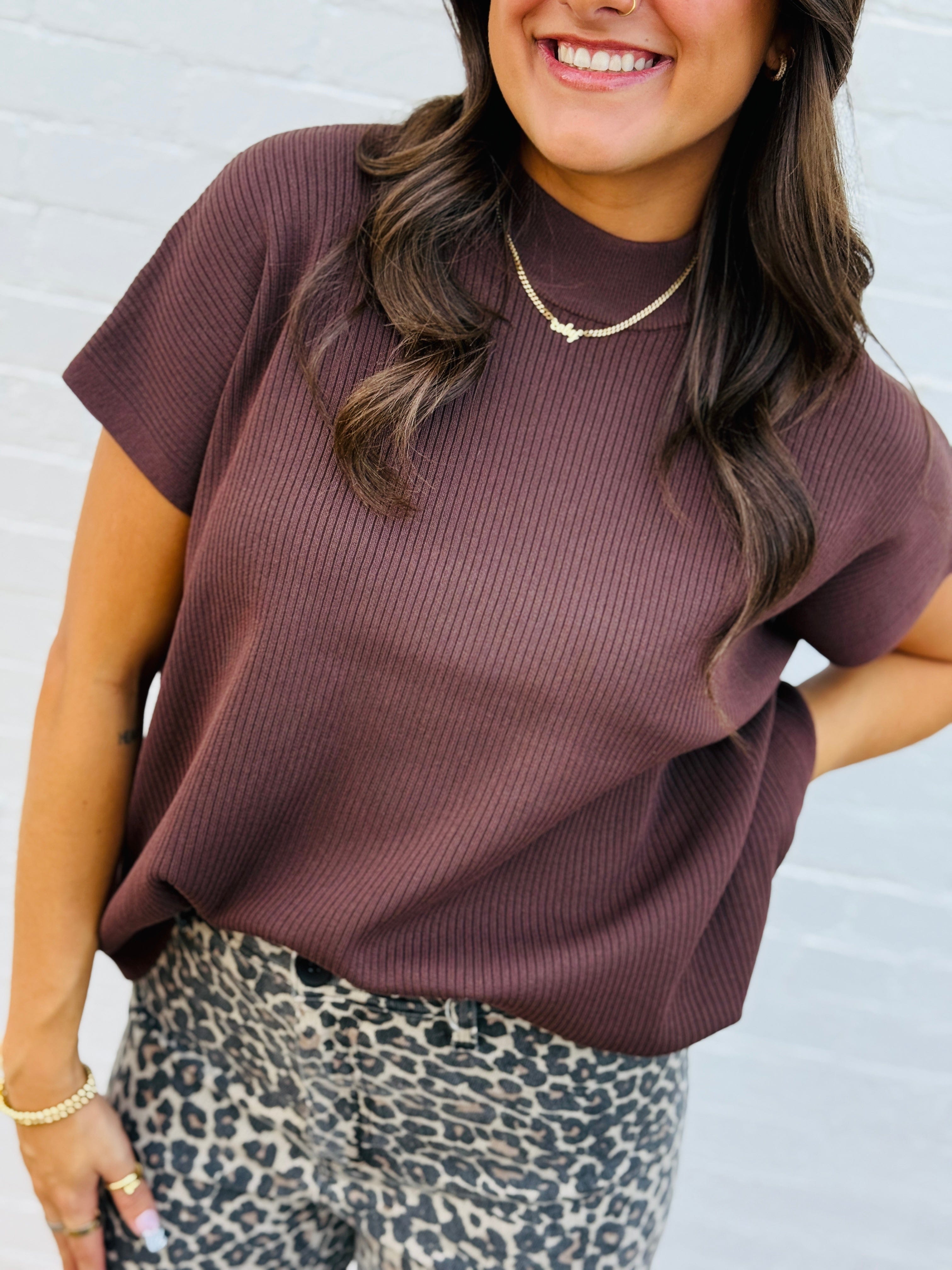 ZENANA Tops - Blouses Mock Neck Boxy Ribbed Top In Brown