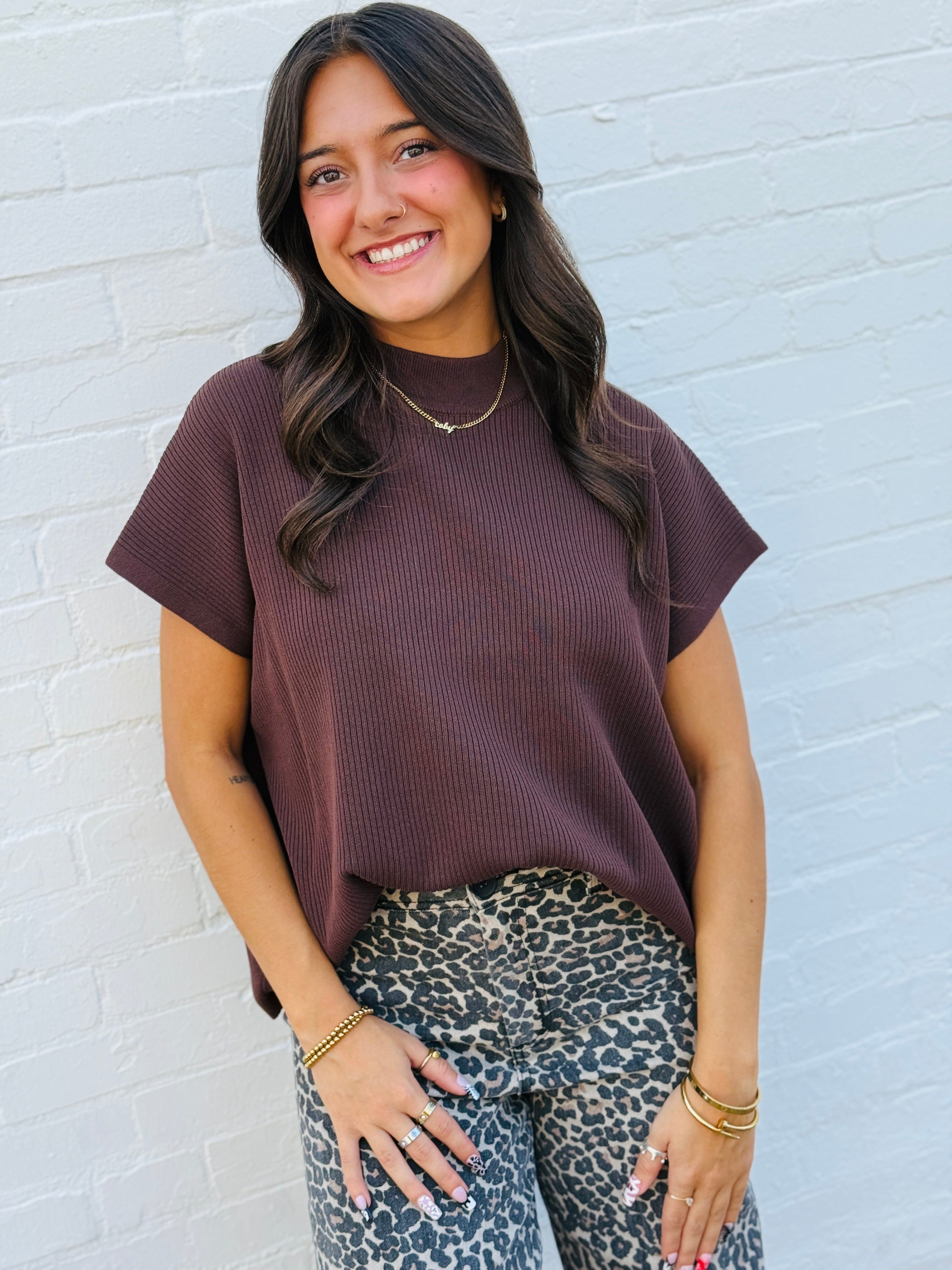 ZENANA Tops - Blouses Mock Neck Boxy Ribbed Top In Brown