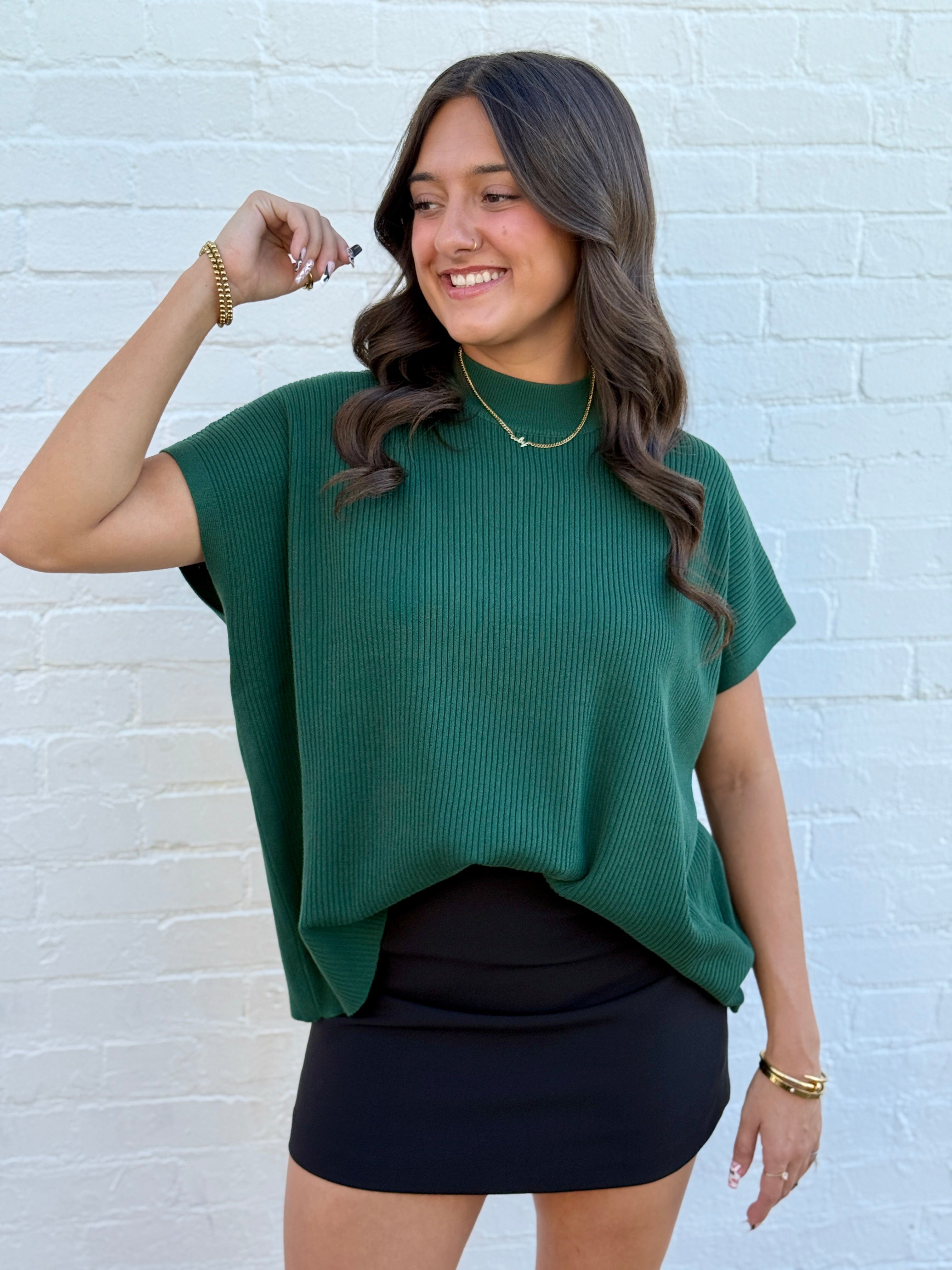 ZENANA Tops - Blouses Mock Neck Boxy Ribbed Top In Dark Green