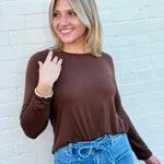ZENANA Tops - Sweaters Flowy Round Hem Long Sleeve In Brown