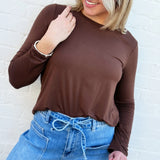 ZENANA Tops - Sweaters Flowy Round Hem Long Sleeve In Brown