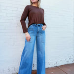 ZENANA Tops - Sweaters Flowy Round Hem Long Sleeve In Brown