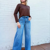 ZENANA Tops - Sweaters Flowy Round Hem Long Sleeve In Brown