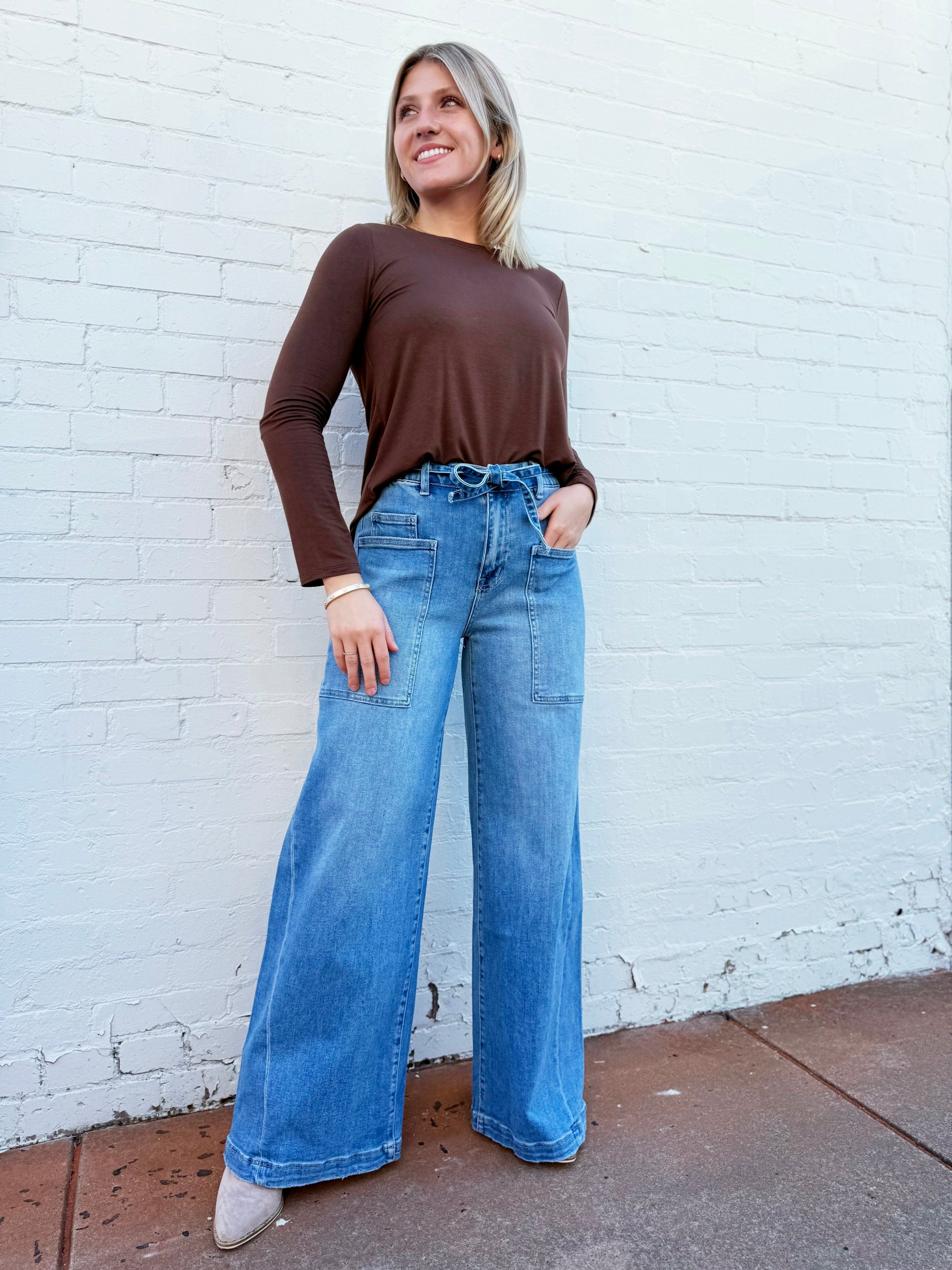 ZENANA Tops - Sweaters Flowy Round Hem Long Sleeve In Brown