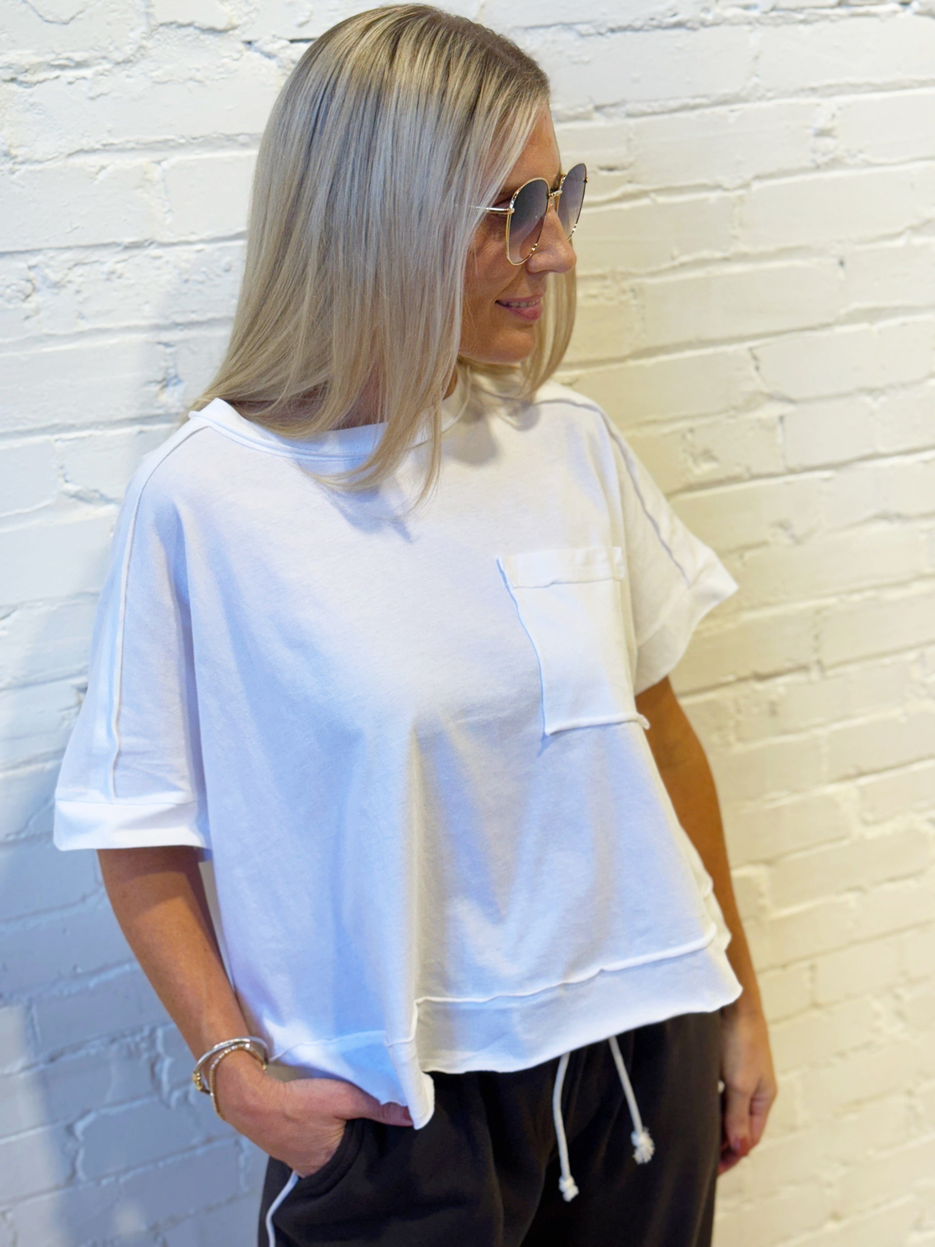 ZENANA Tops - Tees Exposed Seam Boxy Tee In White
